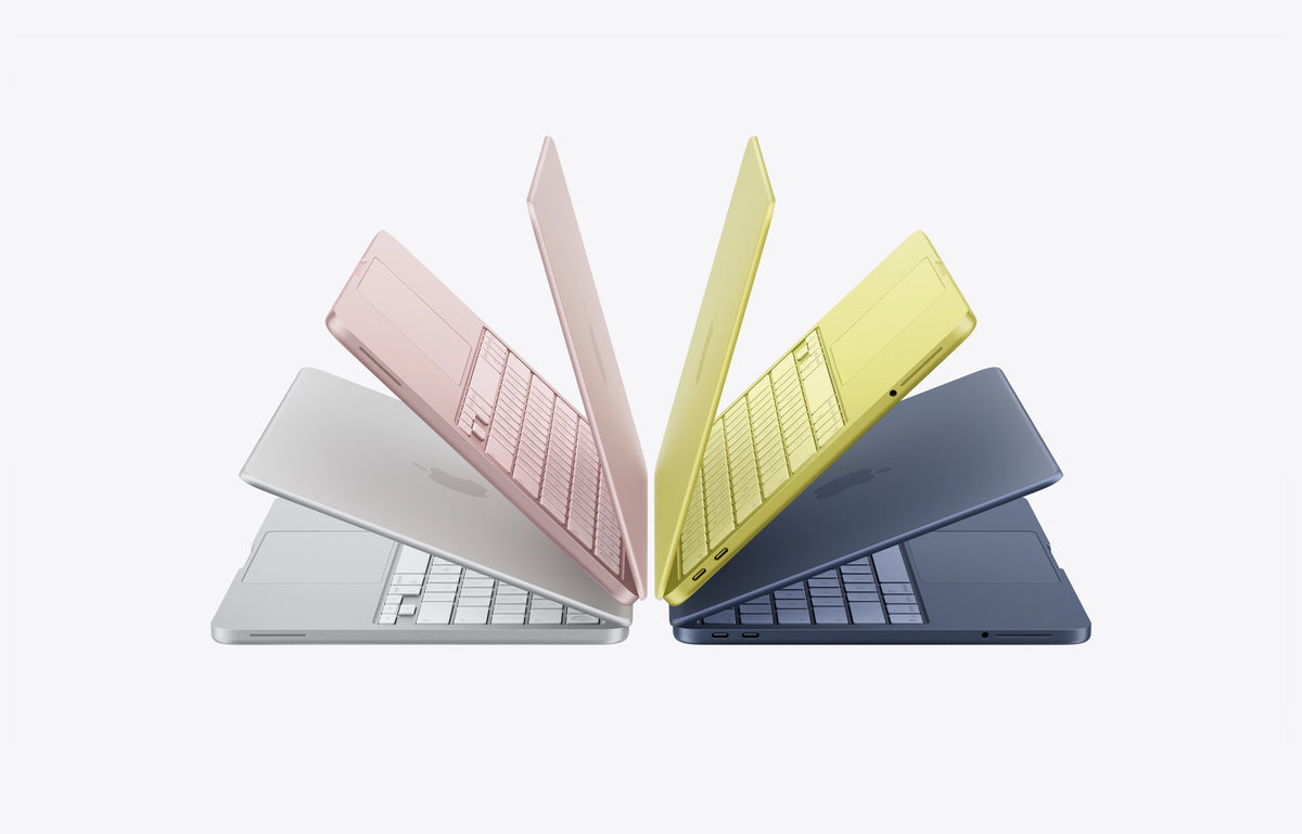 Four macbook neo in different colors arranged in a pyramid formation on a white background shop at istore mauritius